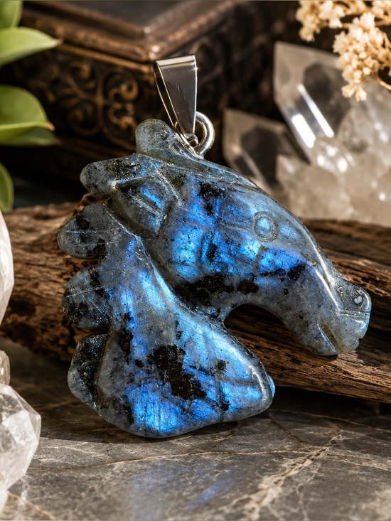 Jewelry - Labradorite Hand-Carved Horse Head Pendant, Blue Flash Equestrian Jewelry